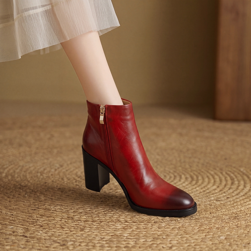 Leather Work Women Shoes - Stivaletti con Tacco Quadrato e Punta